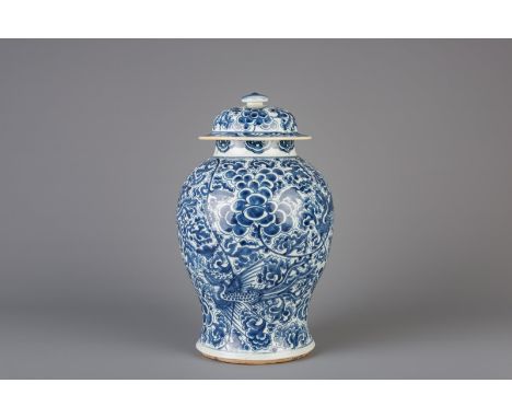 Title: A Chinese blue and white vase and cover with phoenixes, Kangxi Description: Dimensions:  H 42,5 cm   