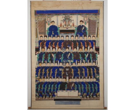 Title: A large Chinese 'ancestor' scroll painting, 18th/19th C. Description: Dimensions:  Total size: 243 x 165 cm  The work: