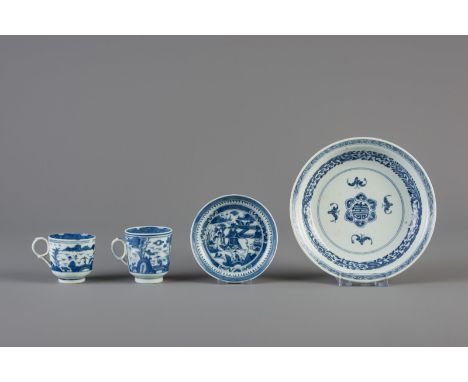 Title: A Chinese blue and white 'bats and shou' plate, two cups and a saucer, Kangxi and 19th C. Description: Dimensions:  H 