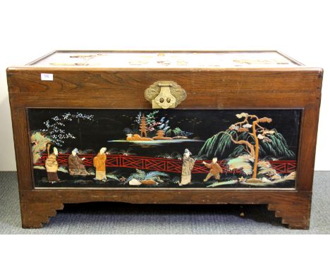 A mid 20th century hardwood box, hand painted, inset with mother of pearl and other stones, 103cm x 53cm x 58cm.
