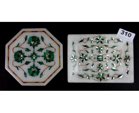 Two small white marble malachite and mother of pearl pietra dura items, W. 15cm.