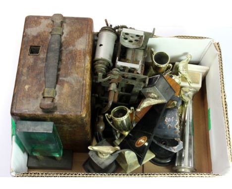 A pigeon racing clock, separate clock movement and other pigeon racing items.