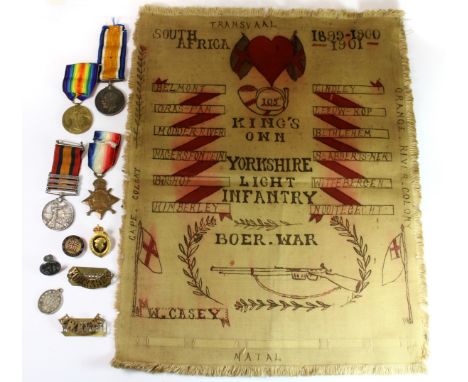 A Boer War medal for 15363 Pte. W. Casey 2 : Yorks : Light Infantry together with an inked canvas souvenir of the Boer War, 3