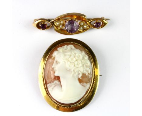 A 9ct yellow gold mounted cameo brooch/pendant together with a yellow metal (tested minimum 9ct gold) amethyst and seed pearl