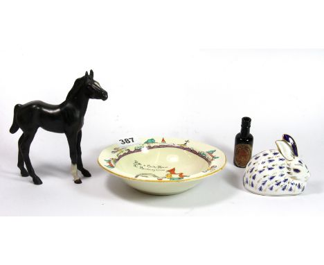 A Crown Derby Rabbit paperweight, a Beswick foal, a Royal Grafton 'Banbury Cross' plate and a Bass Light Ale miniature bottle