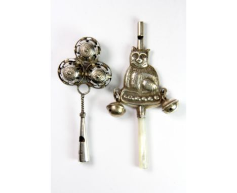 A 925 sterling silver childs rattle in the form of a cat, with mother of pearl teether, L. 10cm, together with childs rattle 