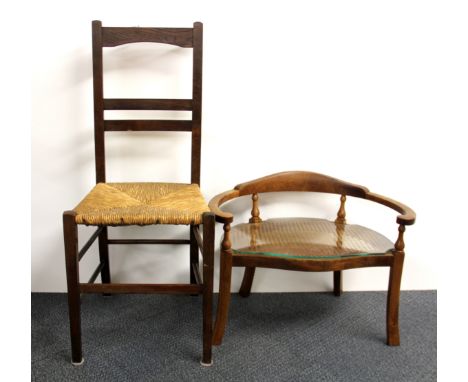 An unusual cane seated stool, with purpose cut glass shelf and a rush seated chair.