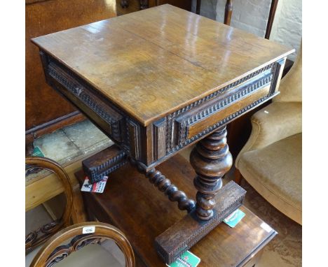 A 19th century Portuguese rosewood sewing table with rising top, carved panelled surround, on turned stretcher base, width 53