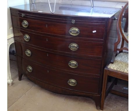 A Regency mahogany bow-front chest, with brushing slide, 4 long drawers under, on bracket feet ( one leg af ) 