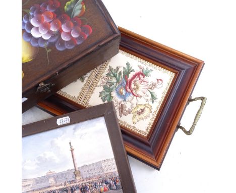 A reproduction tile inset tea tray, modern dome-top box, and a framed lithographed ceramic panel (3) 