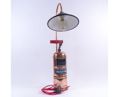 A Vintage French copper Pulverisateur Muratoia garden sprayer converted to a table lamp, with modern bird cage bulb, overall 