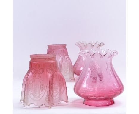 2 pairs of 19th century frosted cranberry glass frilled light shades, largest height 14cm (2 pairs) 