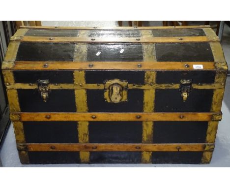 A Victorian dome-top slatted and steel-bound trunk, W91cm 