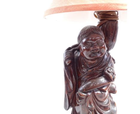 A Chinese carved hardwood figural sage lamp, height excluding fitting 35cm 