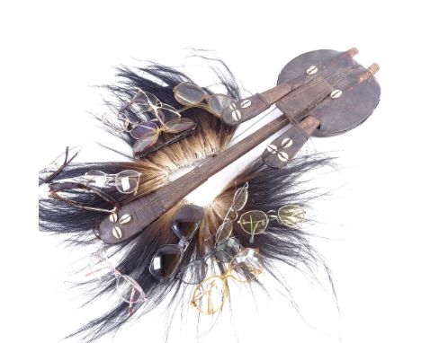 Various collectables, including West African Tribal Kora coconut and cowrie shell harp, feather headdress, coins etc 