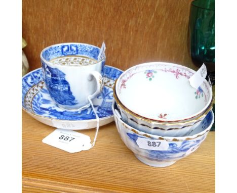Early Royal Worcester fluted tea bowl, Oriental tea bowl and cup and saucer, and another with painted floral decoration 