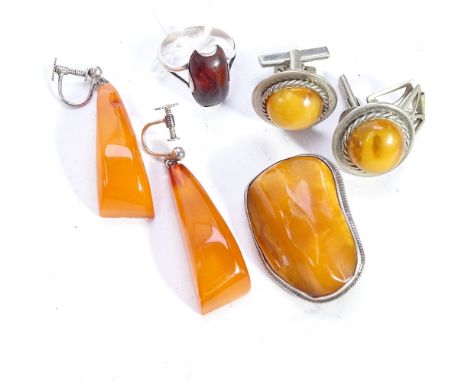 ANDERS PETER GREGERNEN - a silver and amber ring, BERNHARD HERTZ - silver and amber brooch, earrings and cufflinks 