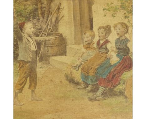 A Victorian coloured print, playing school, 17cm x 25cm, framed 