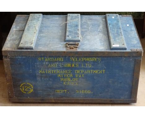 A Vintage steel-bound painted trunk, for Standard Telephones and Cables Ltd Maintenance Department Essex Department 31600, W9
