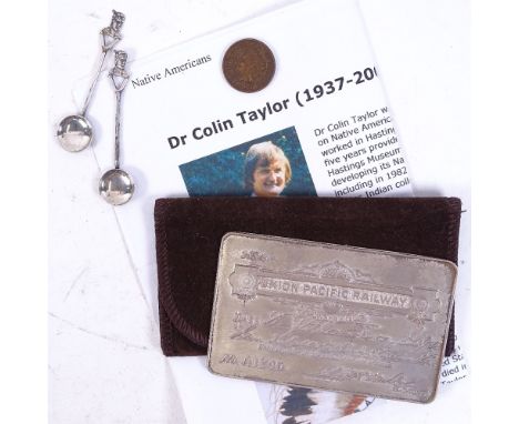 A Union Pacific Railway sterling silver pass, presented to Dr Colin Taylor (Native American historian), 2 Native American des