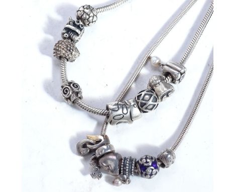 14 various Pandora silver charms on 2 unnamed sterling silver necklaces 