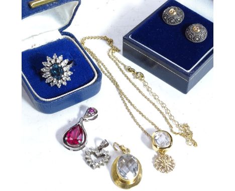 A silver stone set dress ring, a pair of silver earrings, silver-gilt and stone set necklace, and another (4) 