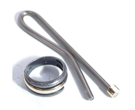 JENS AAGAARD - an oxidised and gilded sterling silver modernist ring, and a similar unmarked silver and diamond set tie clip 