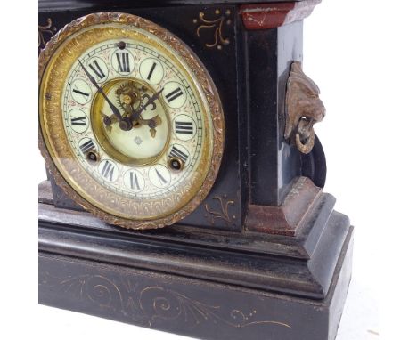 A late 20th century Ansonia Clock Co black painted cast-iron 8-day mantel clock, cream enamel dial with painted Roman numeral