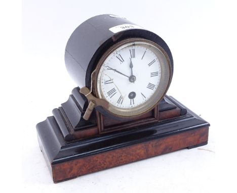 A 19th century birdseye maple ebonised drum-cased 30-hour mantel clock, base length 21cm 