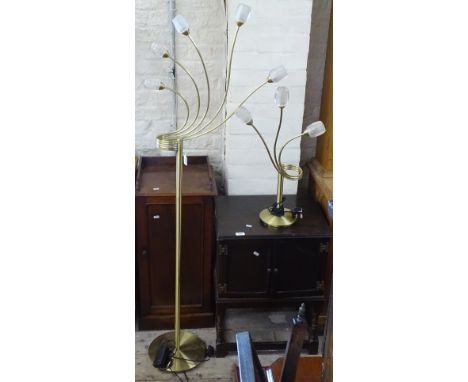 A gold effect 5-branch floor lamp, and matching 3-branch table lamp, by Dar Lighting 