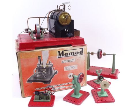 A Vintage Mamod twin cylinder superheated SE3 steam engine with original box, and 5 other Mamod parts 