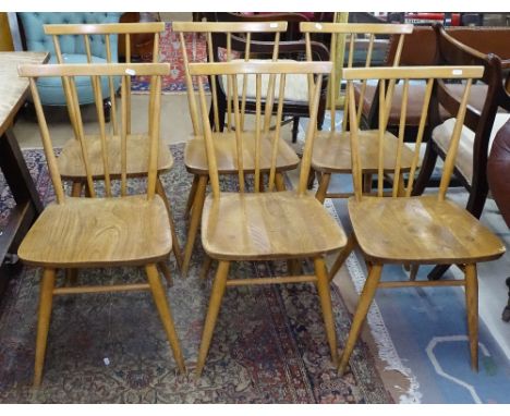 A set of 6 1960's century Ercol stick-back dining chairs, with elm seats 