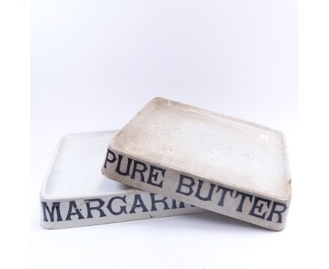 A pair of Victorian S Banfield white ceramic advertising butcher's/grocer's slab stands, including Margarine and Pure Butter,