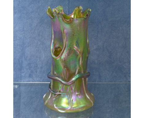 LOETZ - an early 20th Century iridescent glass Tree Trunk and Snake vase, realistically formed with tree knot holes and appli