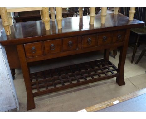 A hardwood console table, with 2 frieze drawers and lattice under tier, on splayed legs, W127cm 