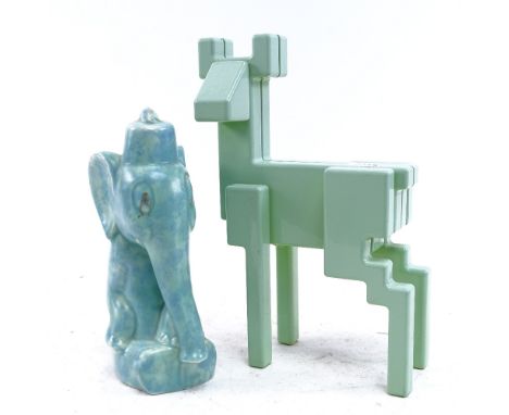 A Monika Mulder for Ikea aluminium pixel deer sculpture, and a Sylvac style ceramic elephant, deer height 24cm (2) 