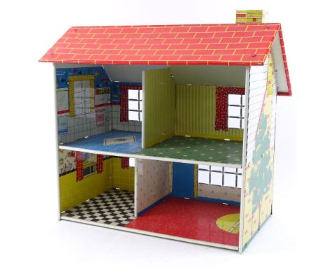 A Chad Valley M68 printed metal 4-room doll's house, together with a collapsible printed ply-board house (2) 