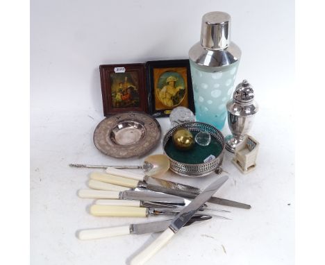 A Vintage cocktail shaker with plated mounts, cutlery, bottle stands, sugar sifter etc 