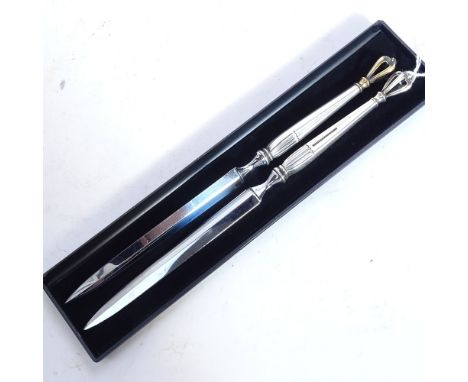 W&amp;S SORENSEN - pair of Danish sterling silver-handled letter openers, with crown finials and plated blades 
