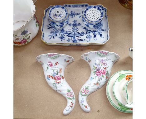 A Meissen desk stand with inkwell and sander, and a pair of Royal Worcester Cornucopia wall pockets, height 20.5cm 