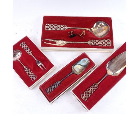 DAVID ANDERSEN NORWEGIAN - 4 cased silver serving spoons and forks, with pierced stylised finials, marked 830s, and a pair of