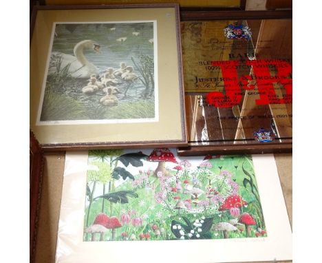 Various pictures, including Scotch Whisky advertising mirror, 2001 Royal Mail stamps prints etc 