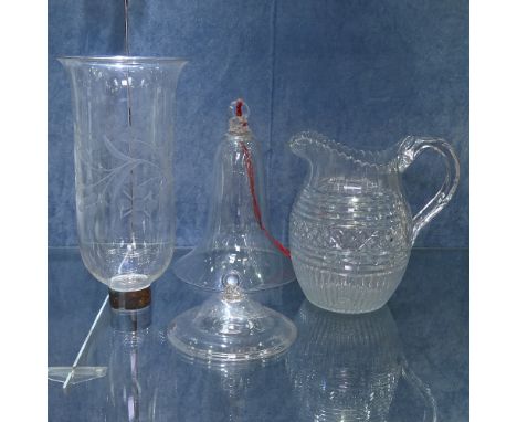 A cut-glass candle lampshade, Antique cut-glass water jug, and 2 oil lamp smut catchers 