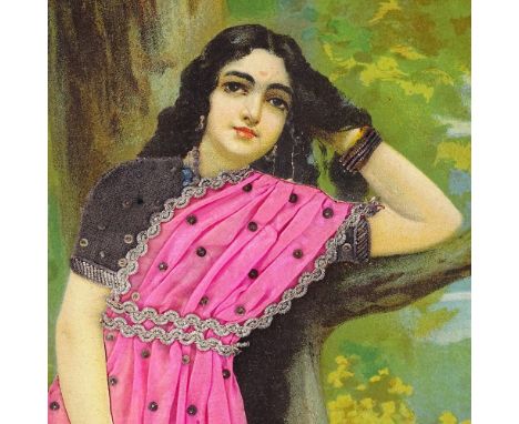 Ravi Varma, silk and silver braid embroidered print, Indian lady standing by a tree, 47cm x 32cm, framed 