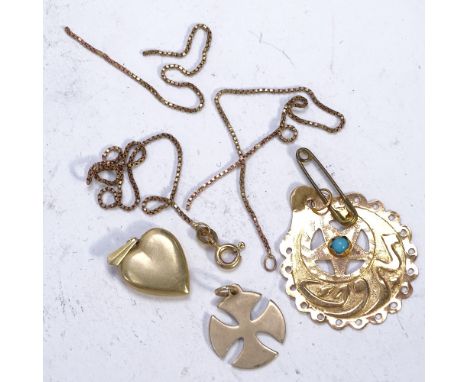 3 pieces of 14ct gold jewellery, to include a box chain (A/F), a heart-shaped pendant and another, and a Middle Eastern high 