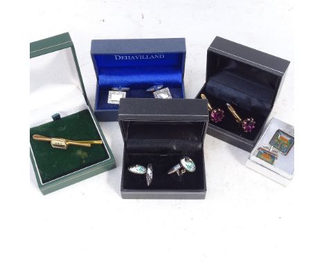 A pair of hallmarked silver cufflinks, a pair of enamel decorated cufflinks, 2 other pairs, and a tie pin depicting Queen Eli