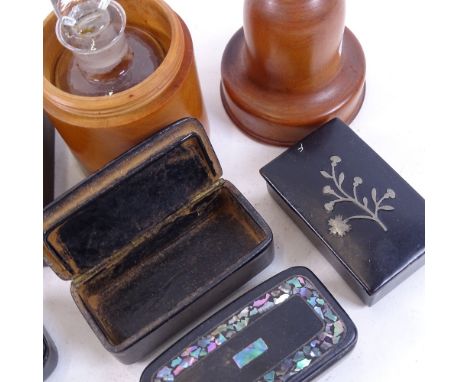 A collection of painted papier mache snuff boxes, a Japanese painted box and cover, and an Austin &amp; Co turned wood covere
