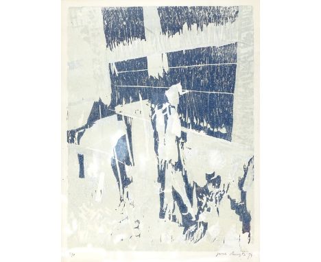 Woodblock print, abstract composition, indistinctly signed in pencil, 1978, image 13" x 10", framed 