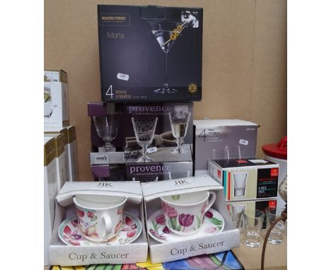 Boxed Martini glasses, Provence glasses, tots, 2 cups and saucers and a tray 