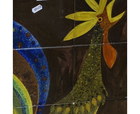 Ken Townsend, ceramic tile picture, cockerel, signed and dated '63, 61cm x 46cm, framed 